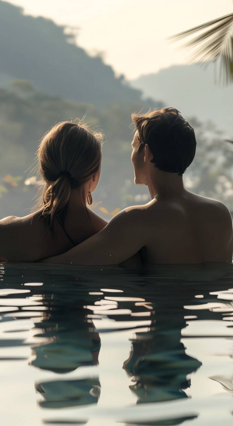 A couple relaxing together in a jungle infinity pool