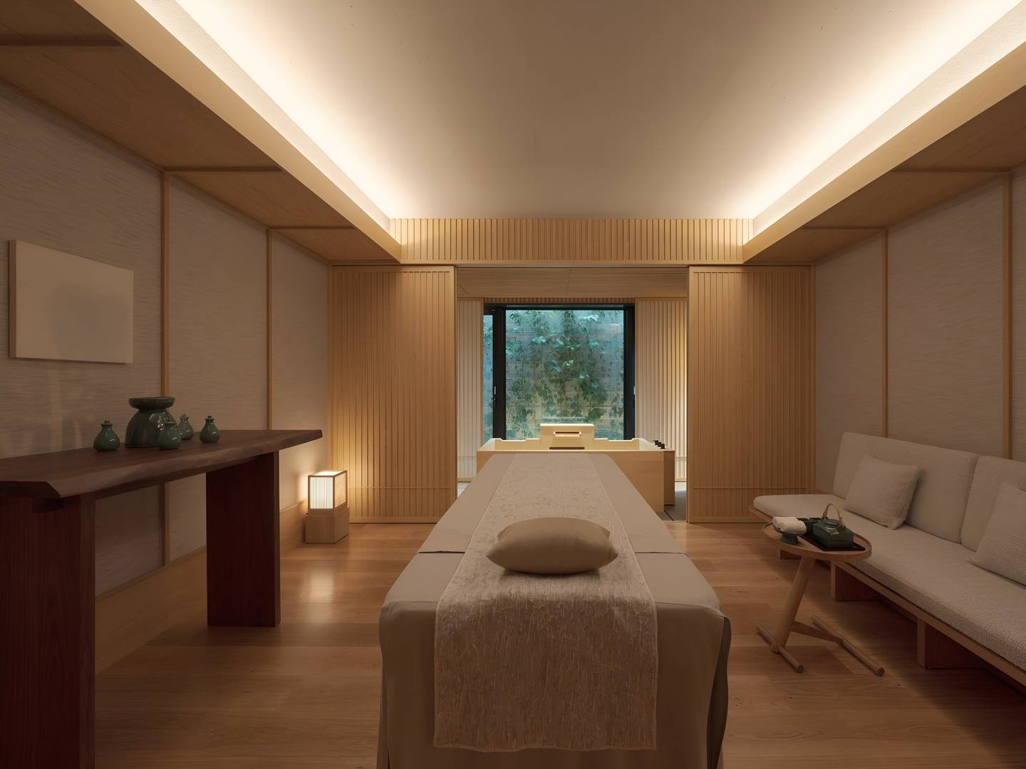 Calm timber treatment room with a garden window